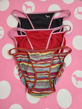 VTG VS PINK 3pk Graphic Cotton Double String Bikini Panties XS Cutter Lot